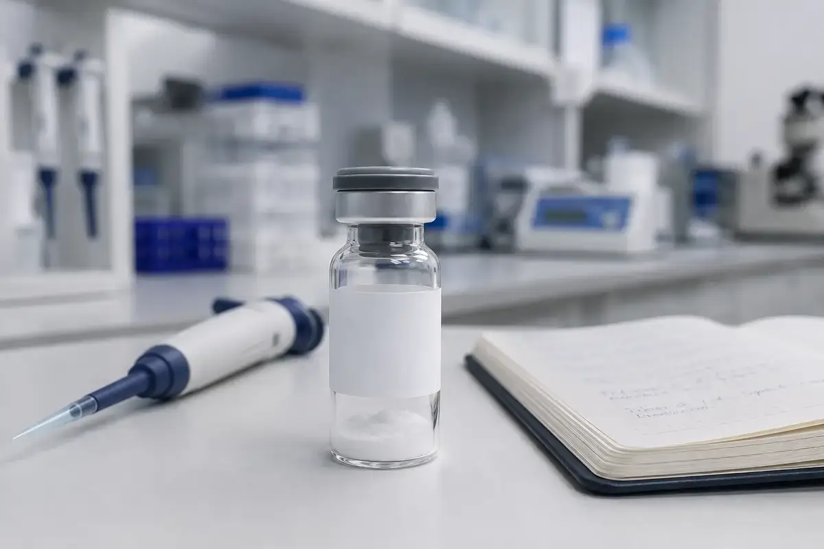 Melanotan 2 lyophilized research peptide vial on lab bench