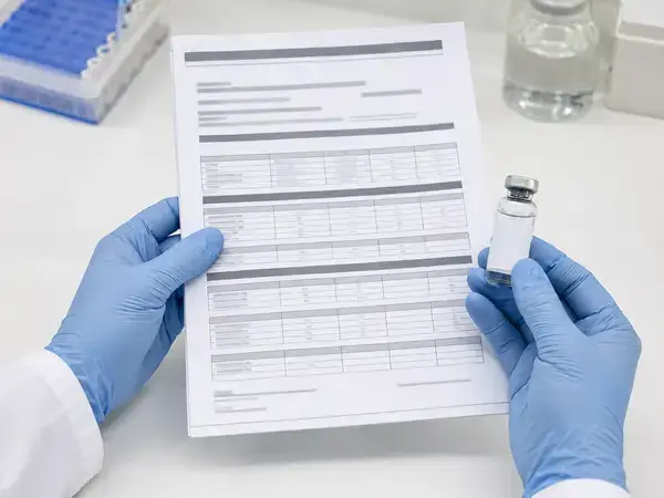 Researcher reviewing lipo-c certificate of analysis beside research vial