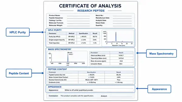 Annotated certificate of analysis layout for research peptide purity data