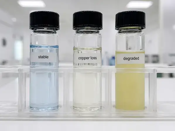 KLOW solution color changes indicating copper dissociation and peptide degradation