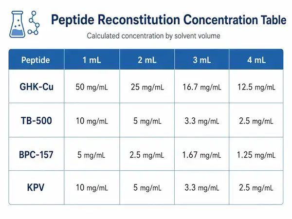 KLOW blend concentration calculator table for different reconstitution volumes