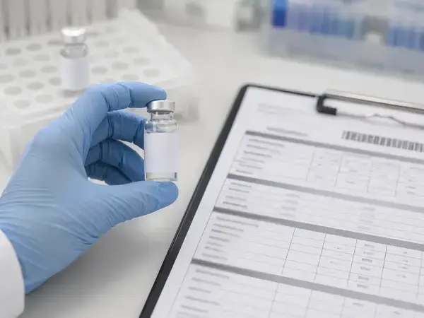 KLOW vial beside batch documentation checklist