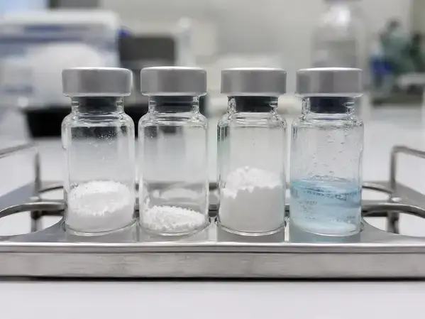 Four peptide vials showing different lyophilized compounds in a KLOW blend