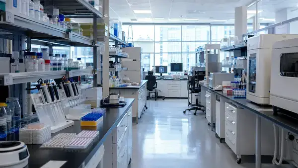 Peptide research laboratory setup with microplate assay equipment